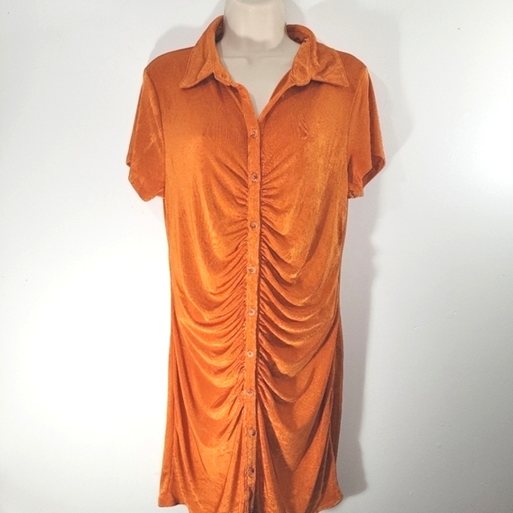 Wild Fable Silky Rouched Button Down Dress Stretch Short Sleeve Orange Sexy L